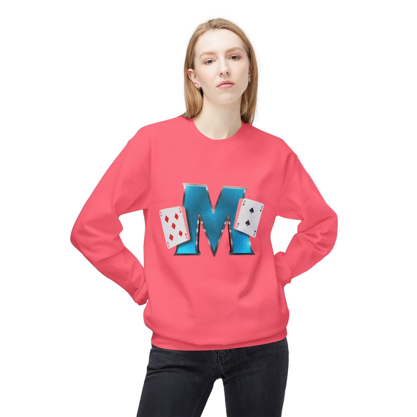 Crewneck Sweatshirt - Glossy 'M' Poker Design with Playing Cards | Back: "playing with a whole 52"