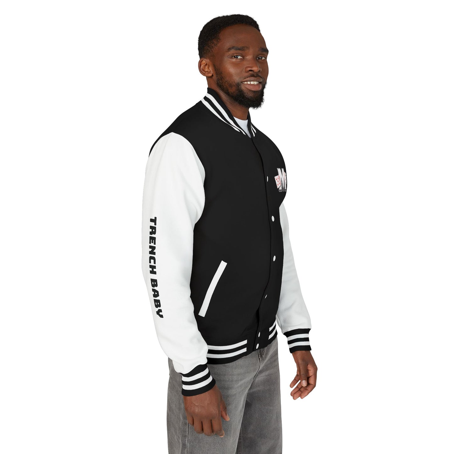 Crew 52 Letterman Jacket — Varsity Style Black & White Bomber with 'CREW 52' Back and Sleeve Text -52 movement