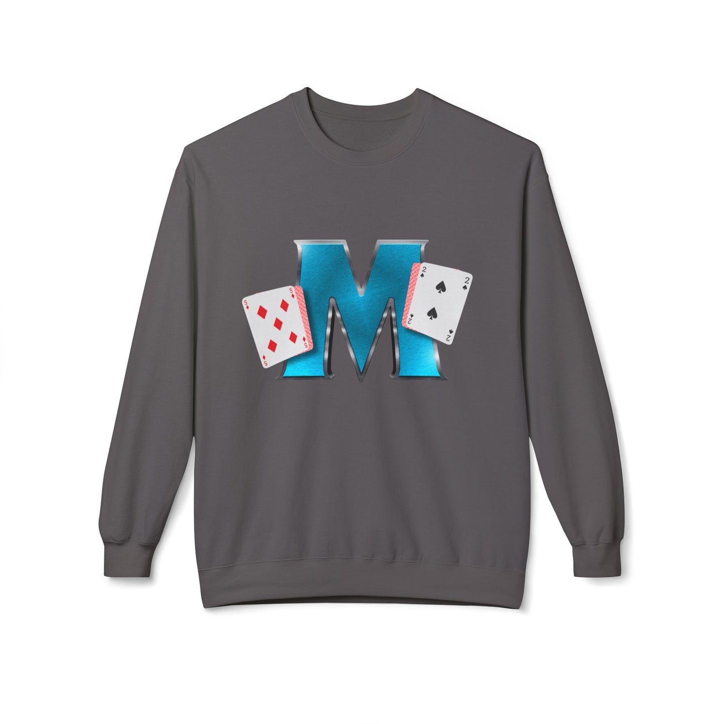 Crewneck Sweatshirt - Glossy 'M' Poker Design with Playing Cards | Back: "playing with a whole 52"