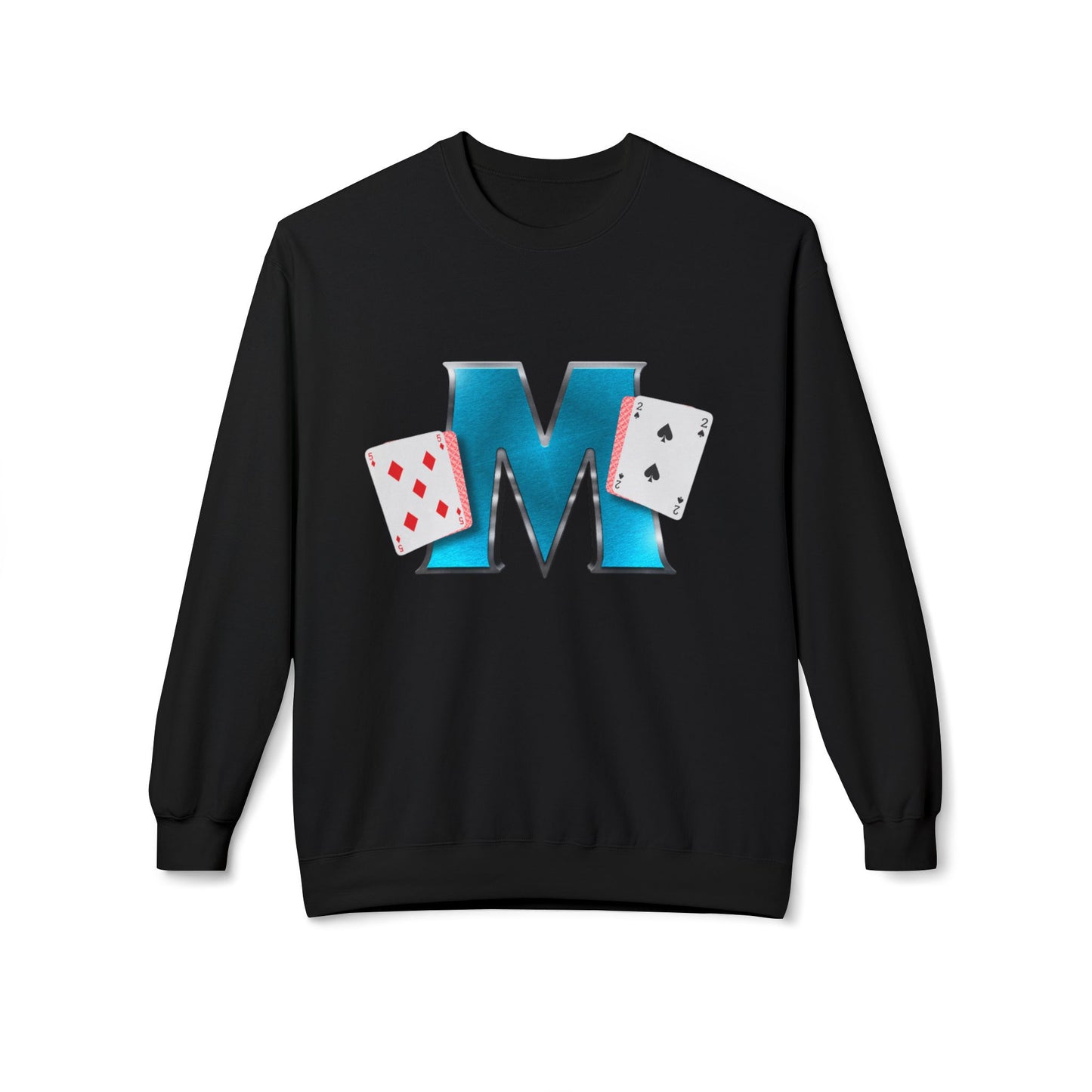 Crewneck Sweatshirt - Glossy 'M' Poker Design with Playing Cards | Back: "playing with a whole 52"