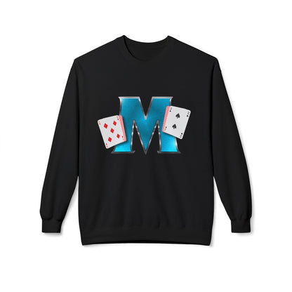 Crewneck Sweatshirt - Glossy 'M' Poker Design with Playing Cards | Back: "playing with a whole 52"