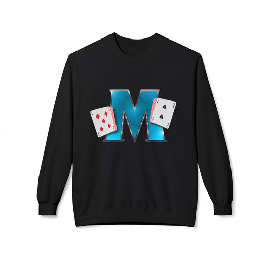 Crewneck Sweatshirt - Glossy 'M' Poker Design with Playing Cards | Back: "playing with a whole 52"
