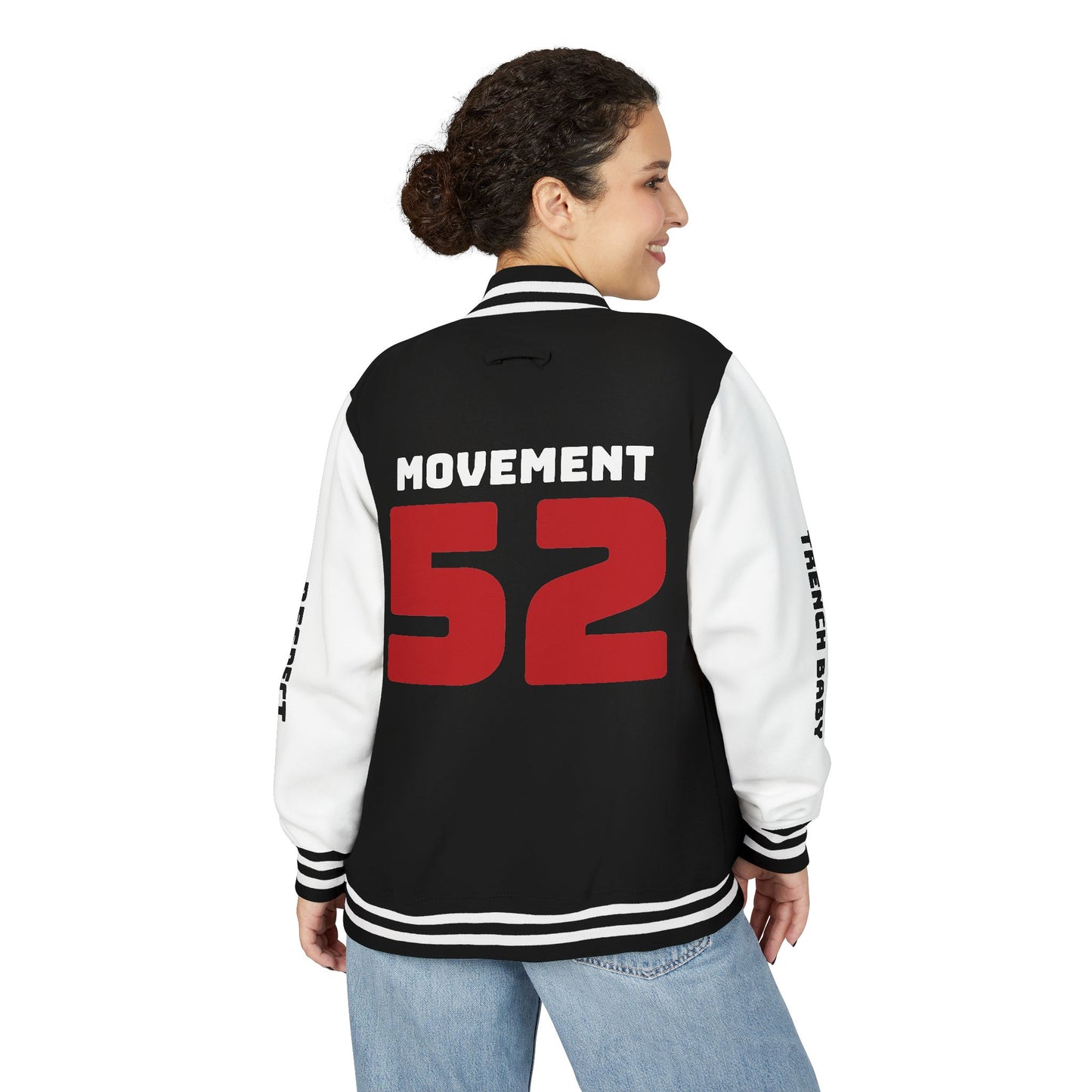 Crew 52 Letterman Jacket — Varsity Style Black & White Bomber with 'CREW 52' Back and Sleeve Text -52 movement