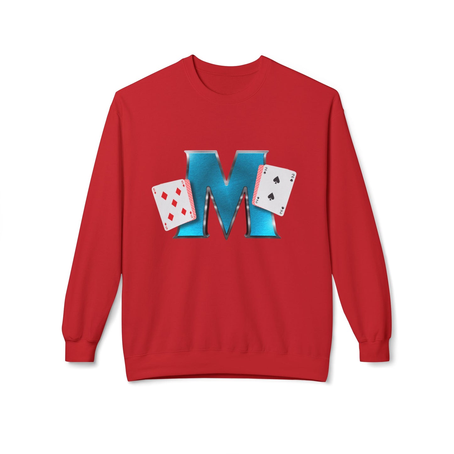 Crewneck Sweatshirt - Glossy 'M' Poker Design with Playing Cards | Back: "playing with a whole 52"