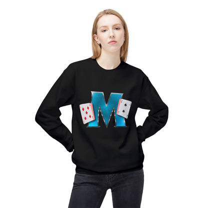 Crewneck Sweatshirt - Glossy 'M' Poker Design with Playing Cards | Back: "playing with a whole 52"