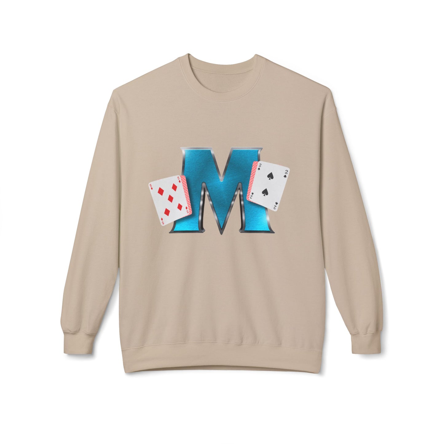 Crewneck Sweatshirt - Glossy 'M' Poker Design with Playing Cards | Back: "playing with a whole 52"
