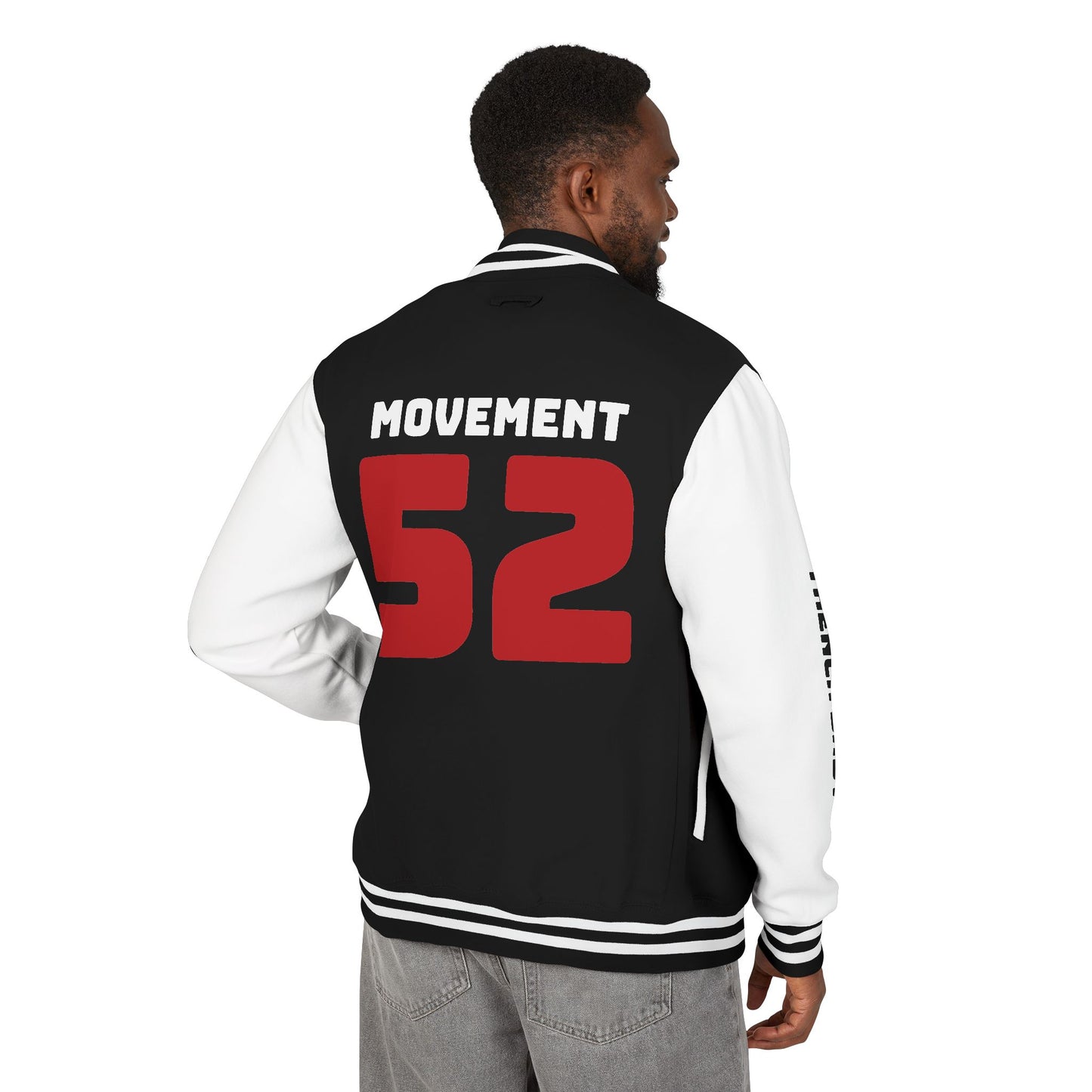 Crew 52 Letterman Jacket — Varsity Style Black & White Bomber with 'CREW 52' Back and Sleeve Text -52 movement