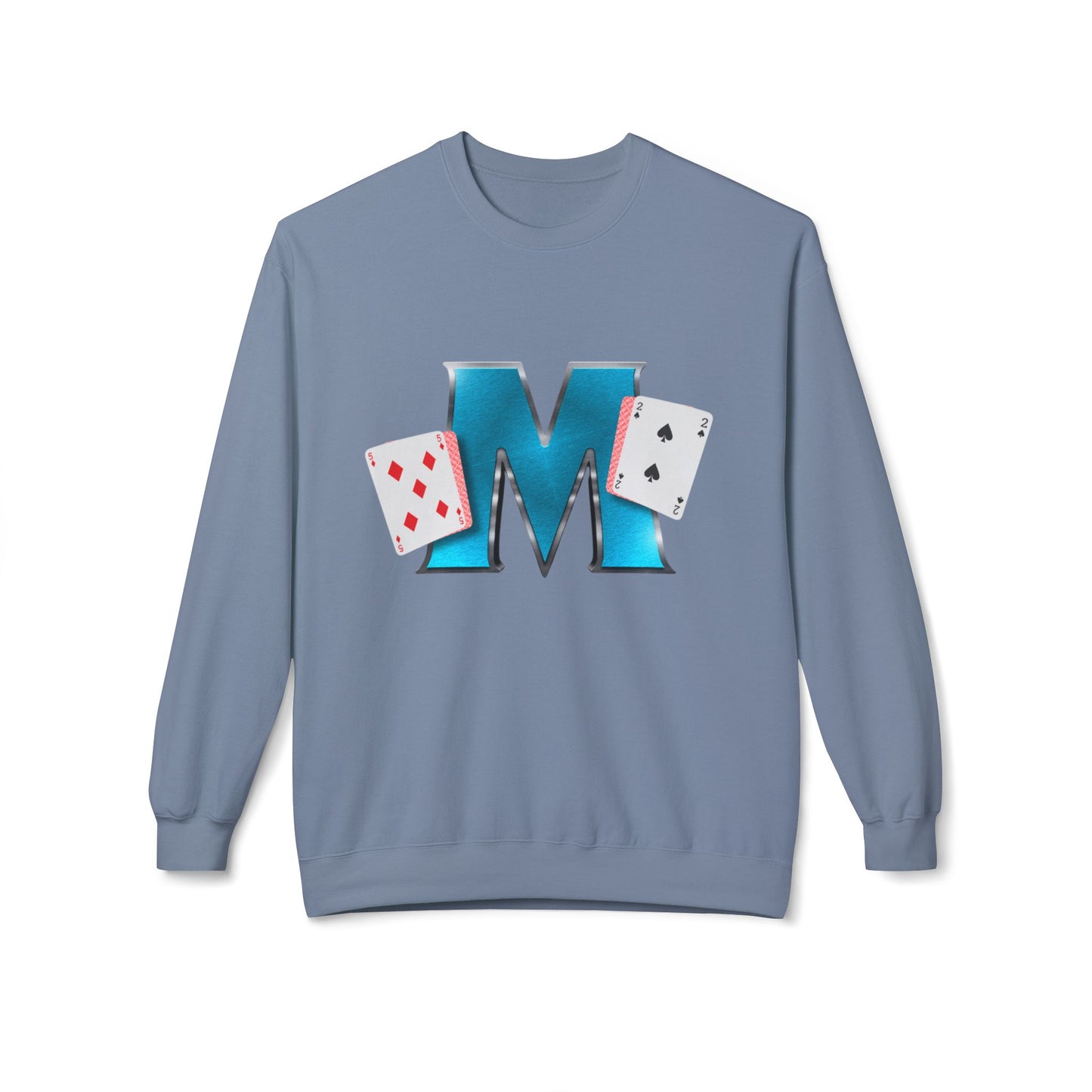 Crewneck Sweatshirt - Glossy 'M' Poker Design with Playing Cards | Back: "playing with a whole 52"
