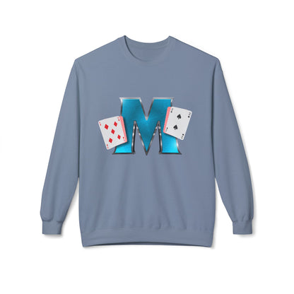 Crewneck Sweatshirt - Glossy 'M' Poker Design with Playing Cards | Back: "playing with a whole 52"
