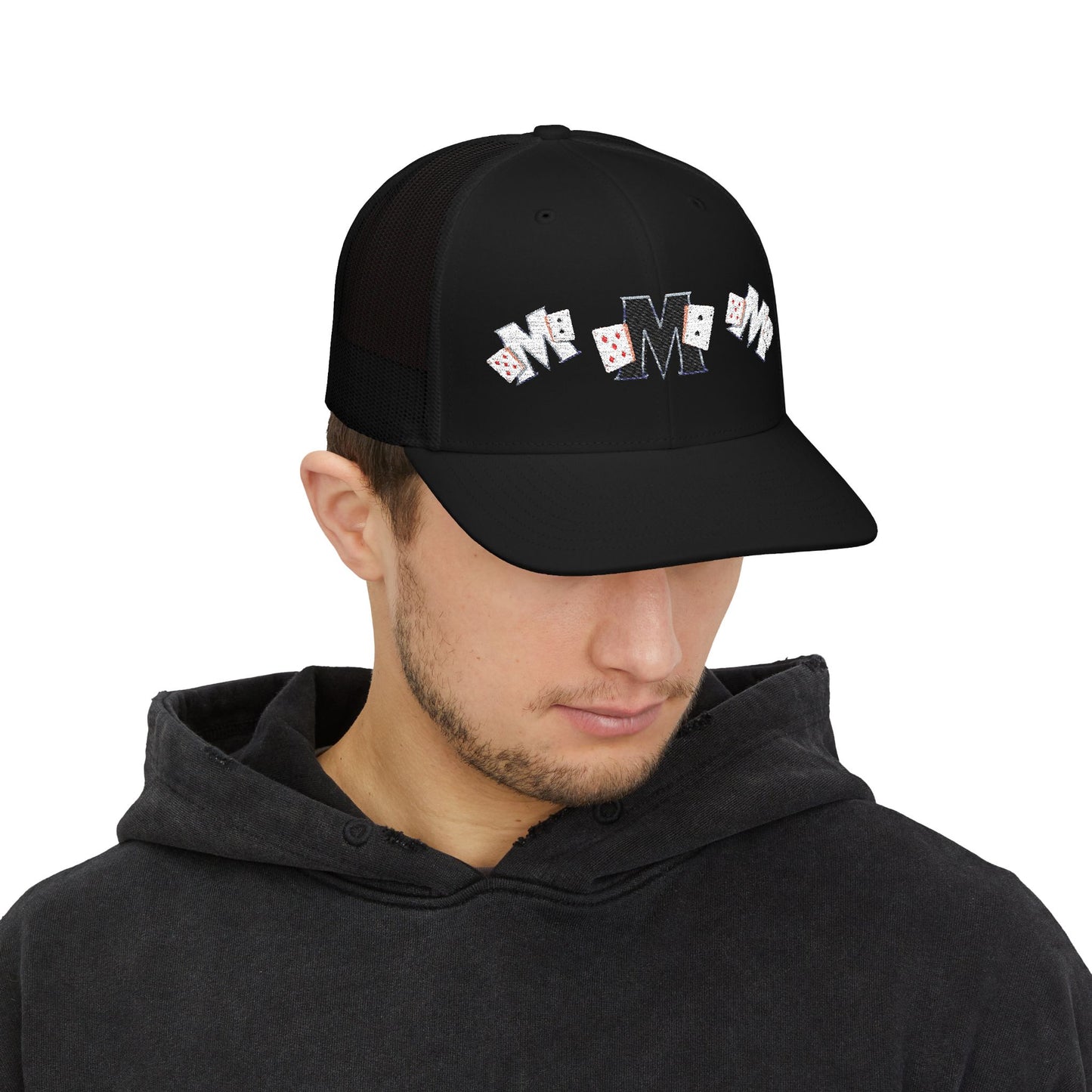 Embroidered 'M' Playing Cards Snapback Trucker Cap — Poker Gamer Hat
