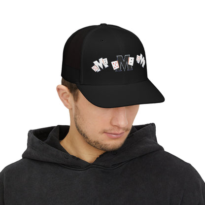 Embroidered 'M' Playing Cards Snapback Trucker Cap — Poker Gamer Hat